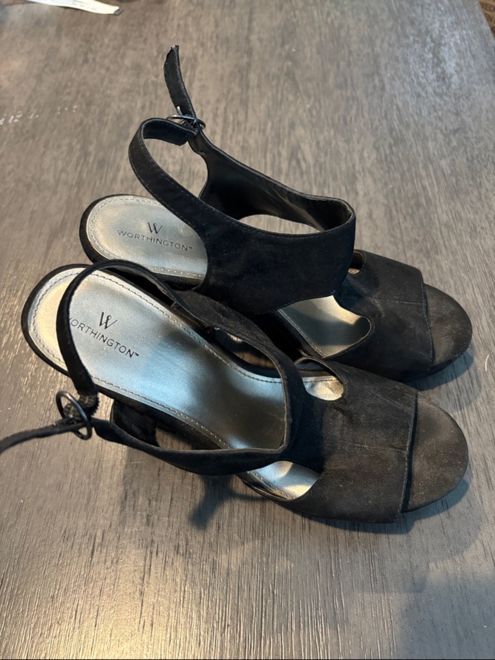 Worthington Black Suede Open-Toe Slingback Heels